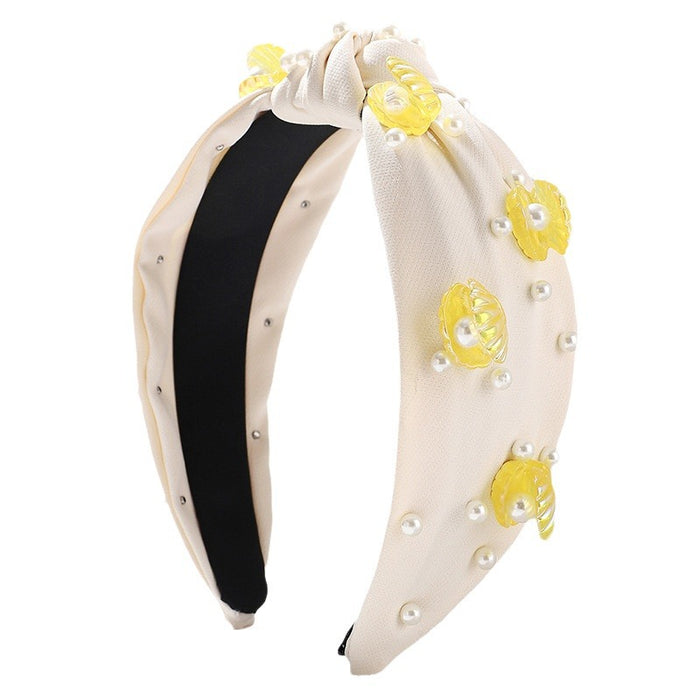 Wholesale Solid Color Pearl Knotted Fabric Wide-brimmed Shell Headband JDC-HD-Wupei004