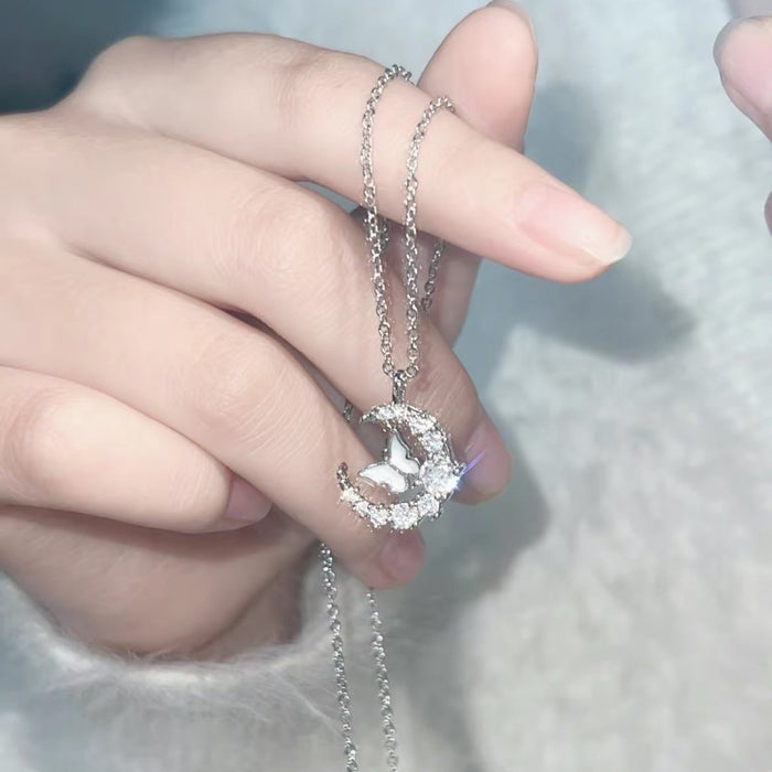 Wholesale Moon sparkling diamond butterfly necklace, fashionable, light luxury, niche accessory temperament, fashionable moon necklace