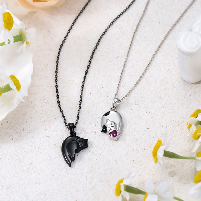 Wholesale Valentine' s Day Couple Patchwork Heart Black and White Cute Cat Necklace
