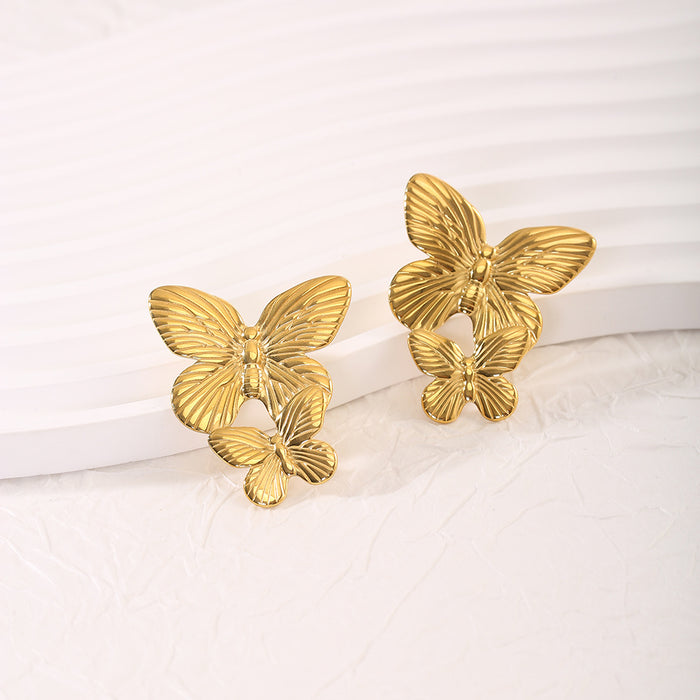 Wholesale Exaggerated personality stainless steel butterfly necklace ring earring set