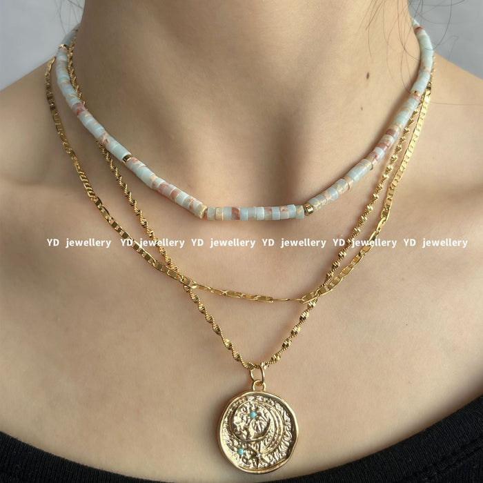 Wholesale Gemstone beaded moonstone patterned green water wave chain star and moon pendant stacked necklace