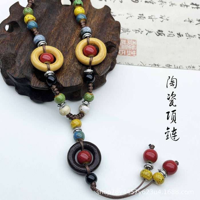 Wholesale Vintage ceramic woven rope necklace, long tassel sweater chain, collarbone