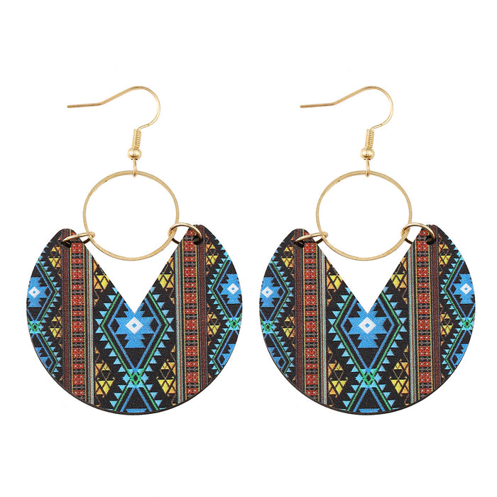 Wholesale Blue dyed printed earrings Bohemian earrings double-sided wooden geometric stripes splicing female earrings