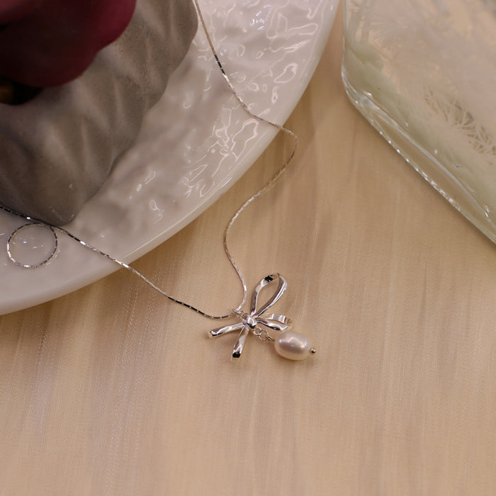 Wholesale S925 Silver  Bow Pearl Pendant Necklace All-match  Clavicle Chain