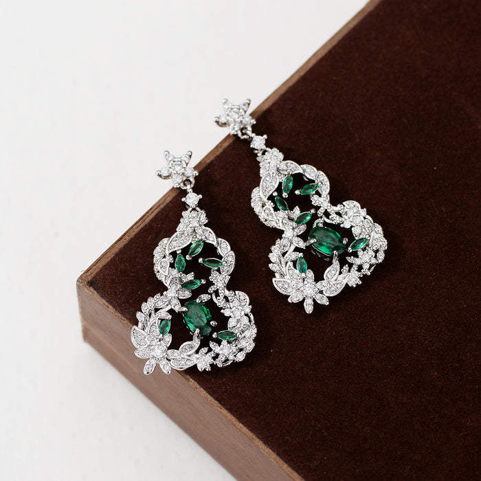 Wholesale Retro Hollow Pattern Color Diamond Ruyi Gourd Earrings Jewelry