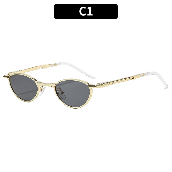 Wholesale Foldable Metal Oval Sunglasses with Rhinestones UV400 Gold Frame Gray Lens for Resale