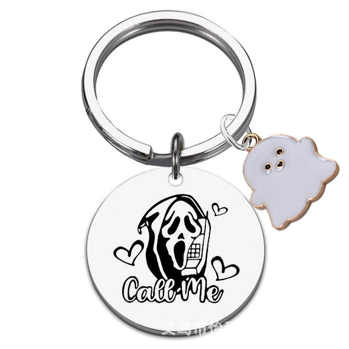 Wholesale  Ghost Stainless Steel Keychain Laser Engraved Round 30mm Gift for Couple Acce MOQ:2ssory