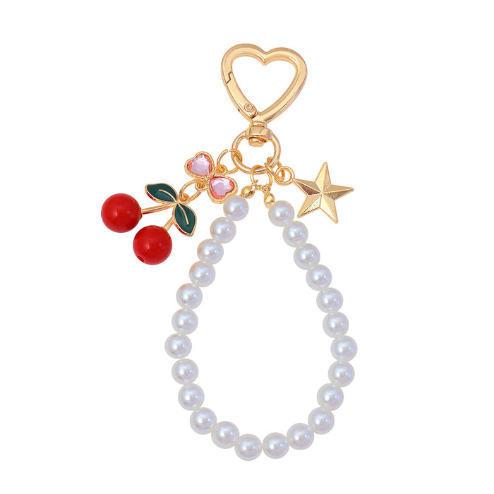 Wholesale Advanced Water Diamond Bow Cherry Keychain Pearl Chain Bag Pendant Car Hanging Accessories Versatile Accessories
