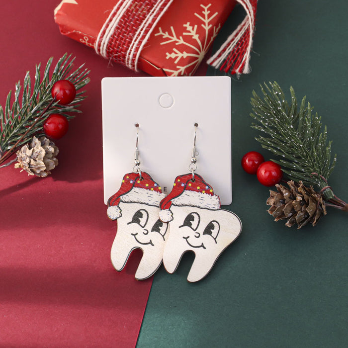 Wholesale Cartoon Christmas element printed wooden earrings for women Christmas tree earrings