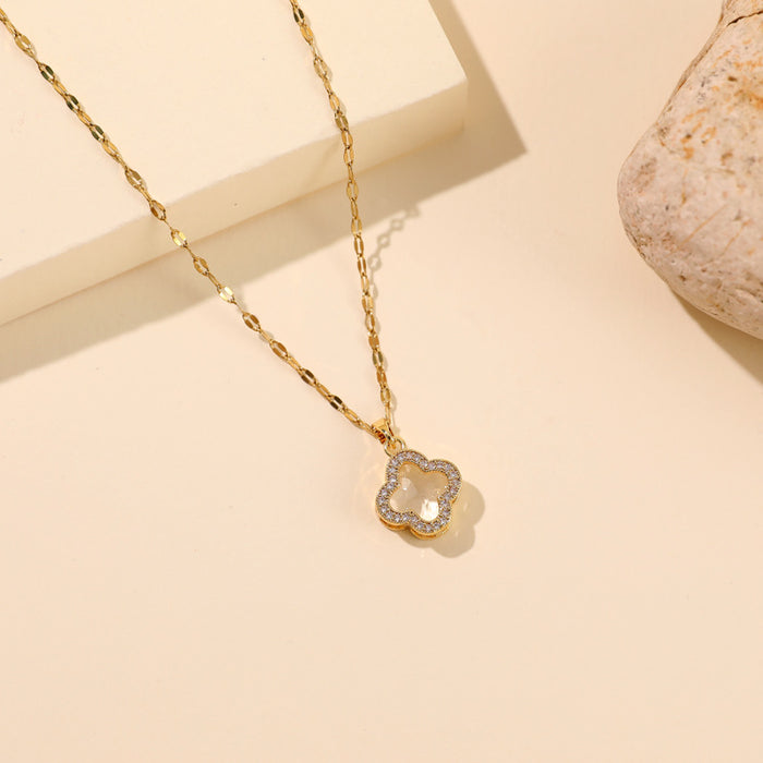 Wholesale Necklace Fashion Water Diamond Four Leaf Petal Titanium Steel Lock Chain Pendant Accessories