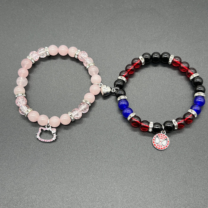 Wholesale beaded  and cat love magnetic couple elastic bracelet imitation moonstone