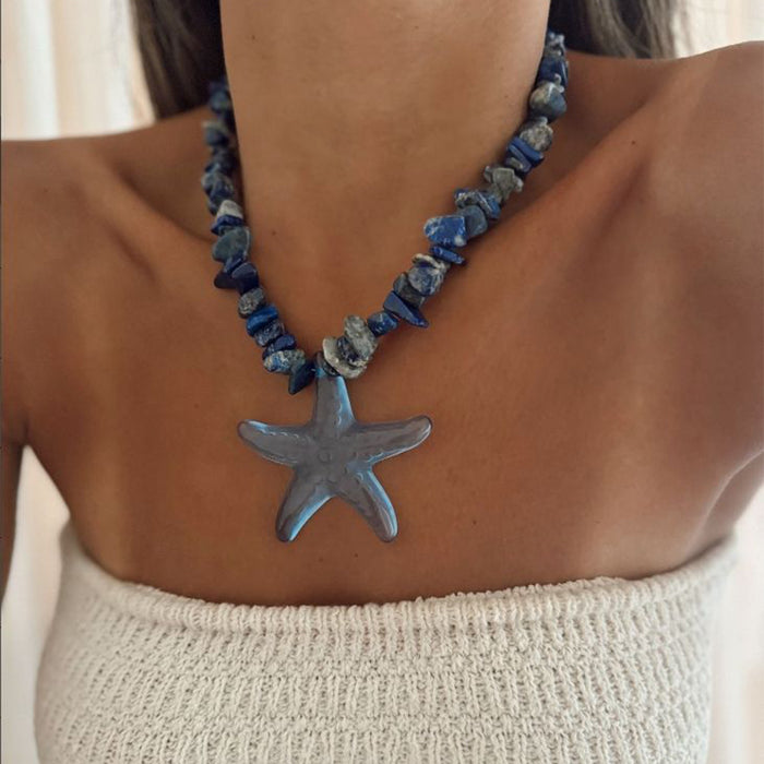 Wholesale Natural Gravel Beaded Necklace for Women Starfish Pendant Clavicle Chain