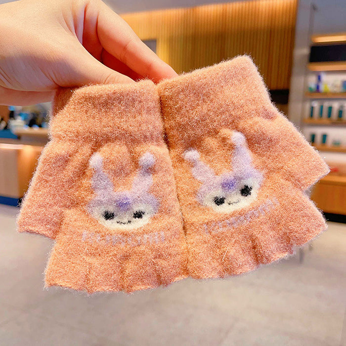 Wholesale Children' s Gloves Autumn and Winter Warm Cute Cartoon  Girls'  Half-Finger Flip Cover Baby Thickened Warm Five-Finger Set