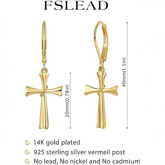 Wholesale Cross pendant earrings, copper plated genuine gold ear buckles, high-end and light luxury accessories