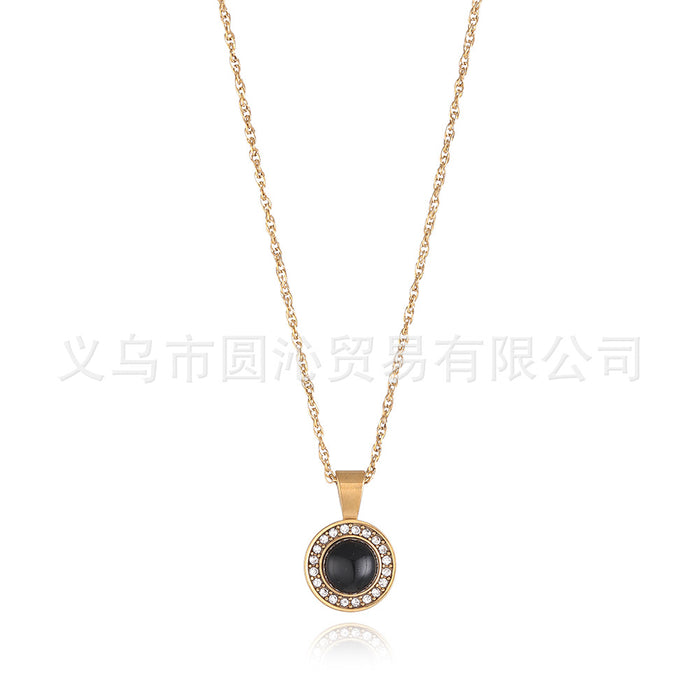 Wholesale Vintage diamond inlaid circular natural stone pendant necklace, light luxury niche stainless steel collarbone chain jewelry wholesale