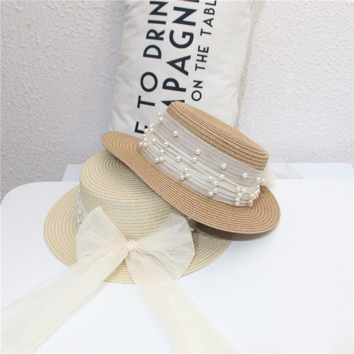 Wholesale Hat Women's Small Fresh Flat-top Straw Hat Pearl Bow Straw Sun Hat Beach Cool Hat