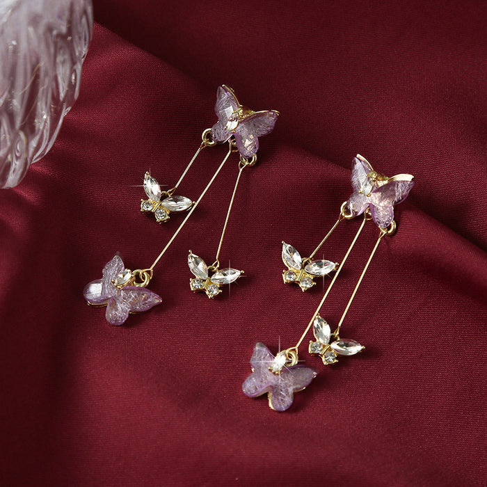 Wholesale Silver Needle Butterfly Earrings, Light Luxury, High Grade, Sparkling Diamond Long Earrings, Retro Style Earrings