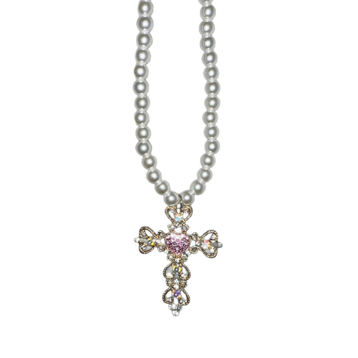 Wholesale Cross Necklace with Exaggerated Colorful Diamonds and Pearls Style Collarbone Chain