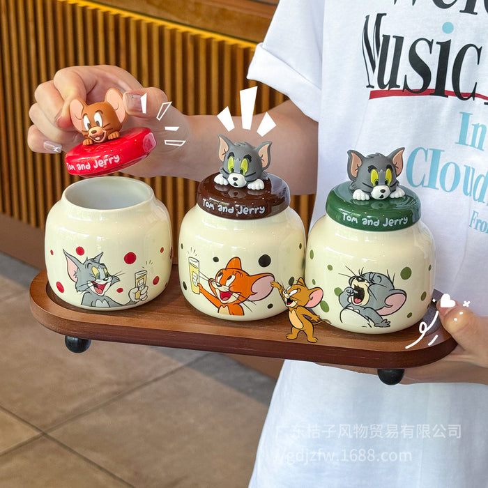 Wholesale Cute cartoon pattern household airtight ceramic jars for kitchen organizers
