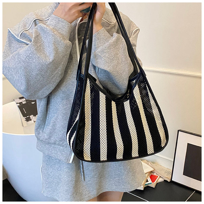 Wholesale Striped woven bag for women, large capacity versatile single shoulder underarm bag, fashionable and versatile tote bag