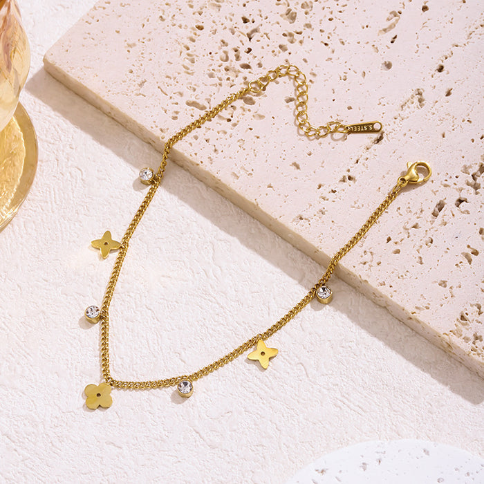 Wholesale Small flower anklet with rhinestones and electroplated