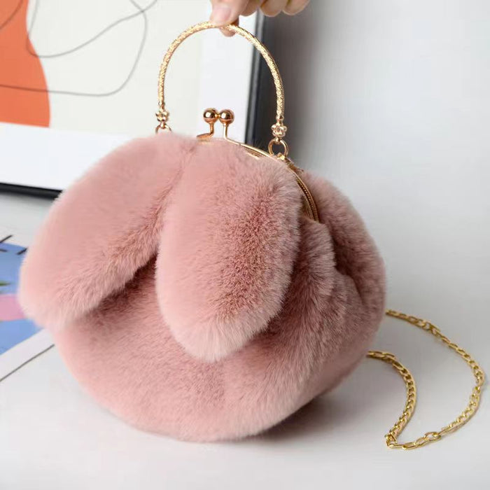 Wholesale Plush Shoulder Bag Women's Portable Crossbody Bag Chain Mobile Phone Bag All-match Small Round Bag Rabbit Ear Clamp Bag