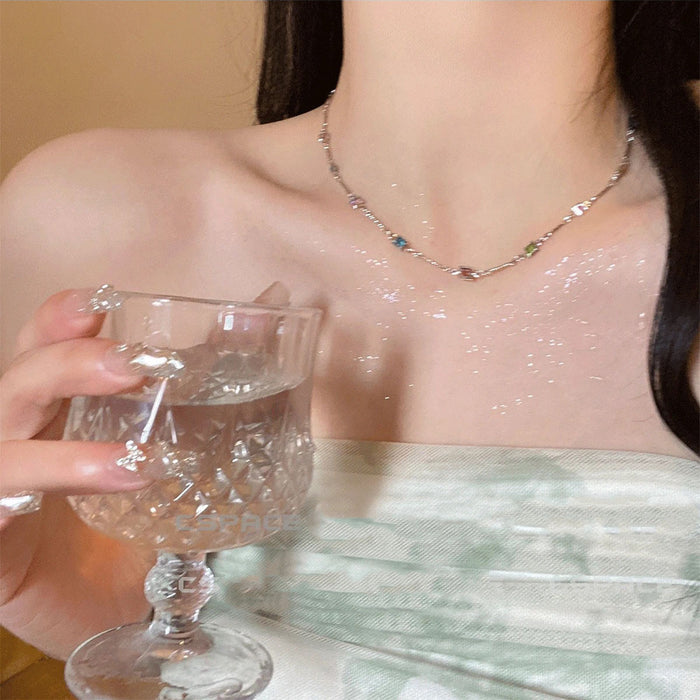 Wholesale Simple and versatile dopamine colored zircon necklace, fashionable and personalized collarbone chain, exquisite and high-end neck chain