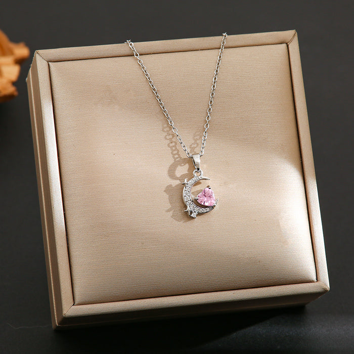 Wholesale Pink zircon silver titanium steel necklace