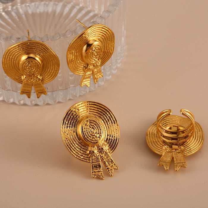 Wholesale Stainless steel straw hat earrings, personalized retro texture earrings, ring matching wholesale