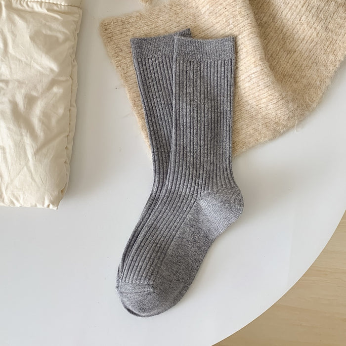 Wholesale Woolen socks in autumn and winter, solid color, vertical stripes, woolen midsole socks, thick and warm, stacked long socks