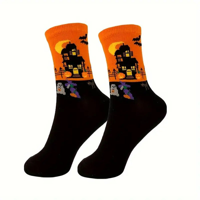 Wholesale 5pcs Halloween Skull Pumpkin Bat Cartoon Printed Polyester Cartoon Middle Tube Socks JDC-SK-Xinh026