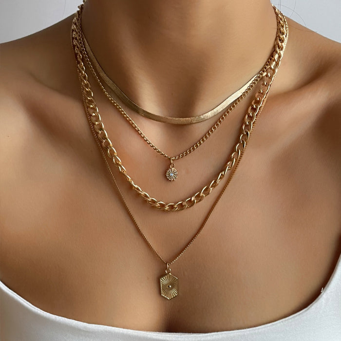 Wholesale New minimalist and fashionable diamond studded square brand sun decoration multi-layer necklace alloy collarbone chain for women