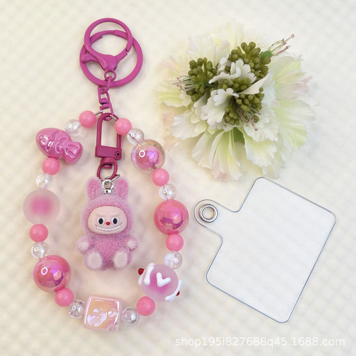 Wholesale Flocking sitting funny colorful beaded mobile phone chain keychain bag doll pendant accessories