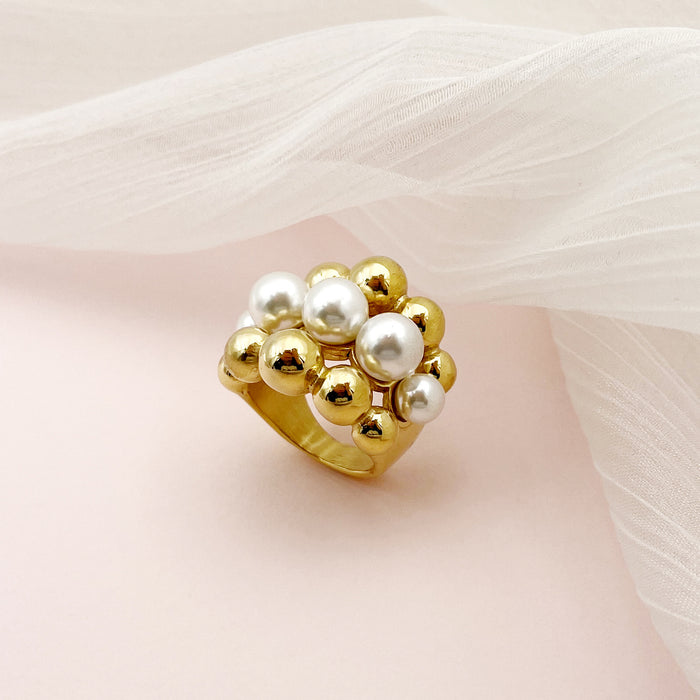 Wholesale Fashion Natural Pearl Gold Beads Three Layer Rings JDC-RS-Jinyue003