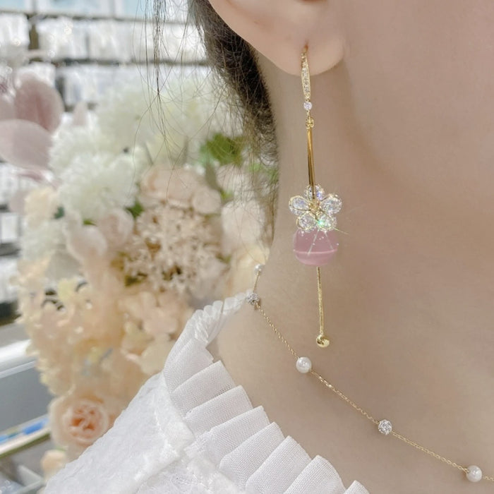 Wholesale Light luxury zircon five petal flower earrings, exquisite earrings, fashionable temperament, long style