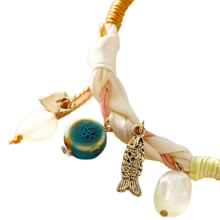 Wholesale ]New Fashion Fabric Bracelet Natural Bead Pendant Fabric Knot Bracelet