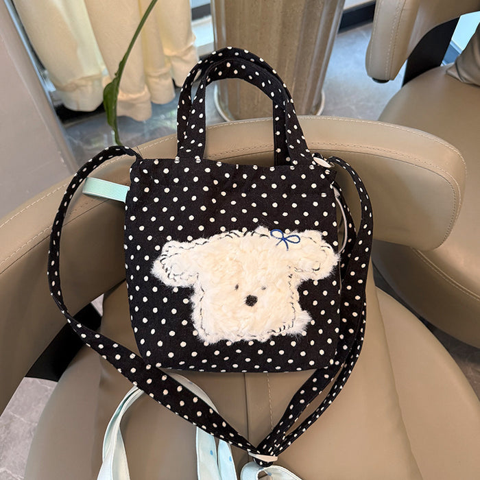 Wholesale New single shoulder canvas bag, cute cartoon embroidered crossbody bag, casual large capacity drawstring tote bag