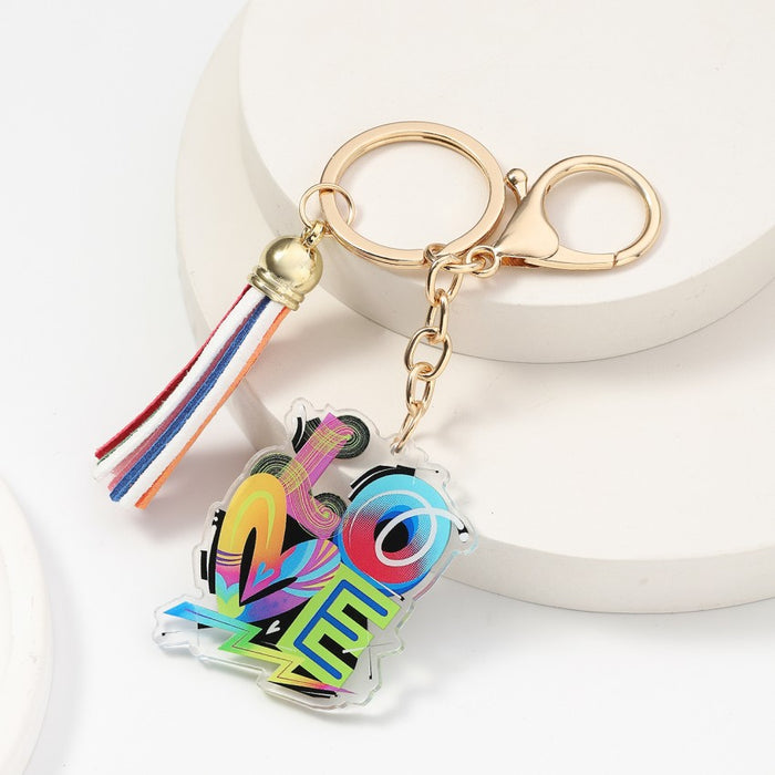 Wholesale Acrylic Color Mouth English Letters LOVE IS LOVE Rainbow Tassel Keychain JDC-KC-RongRui034