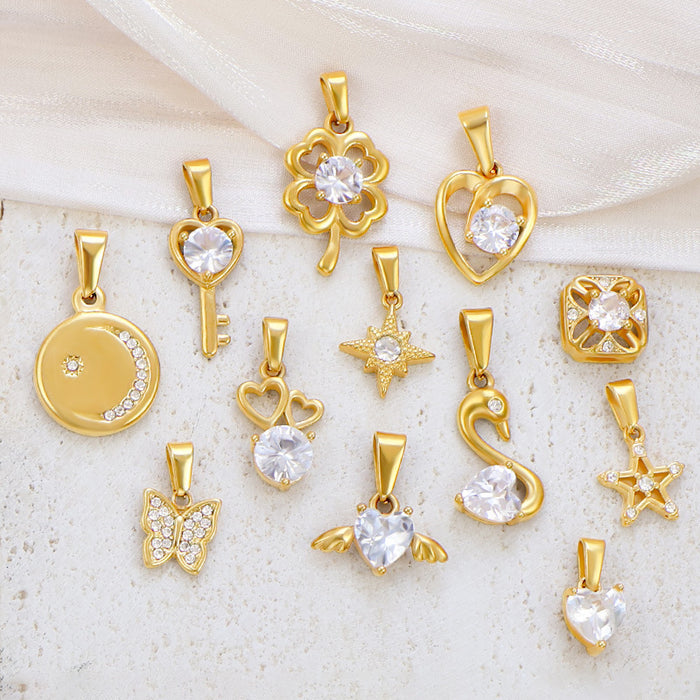 Wholesale 6pcs/set DIY diamond love four-leaf clover butterfly key geometric accessories stainless steel plated 24K gold pendant