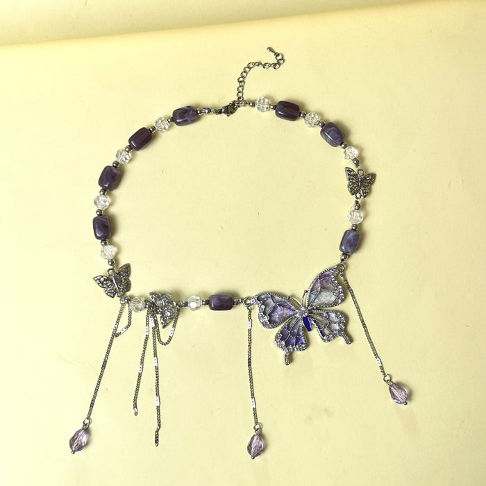 Wholesale Alloy Purple Crystal Butterfly Tassel Necklace Fashion Jewelry Accessory