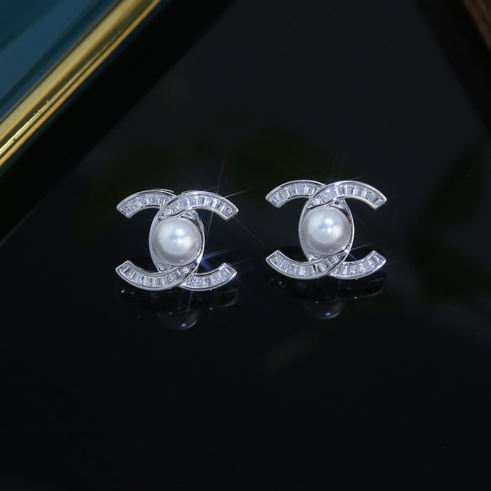 Wholesale Double C Zircon Pearl Earrings Elegant Earrings