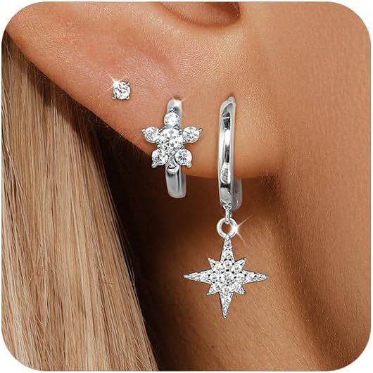 Wholesale Fashionable zircon inlaid earrings, light luxury, simple octagonal star geometric diamond inlaid pendant earrings, versatile