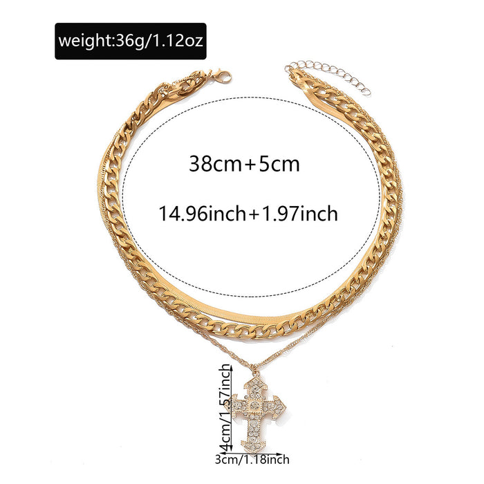 Wholesale Multi layered diamond studded cross necklace with creative simplicity and trendy gold alloy necklace accessories