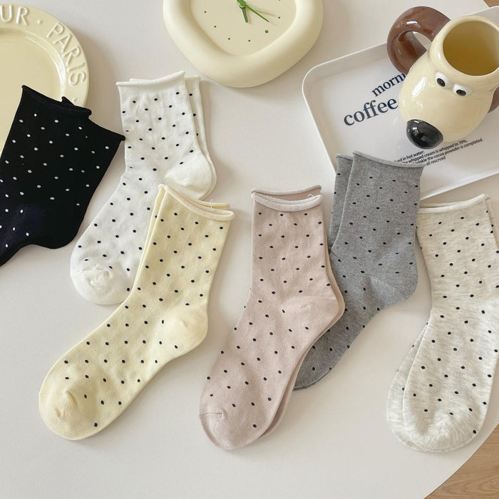 Wholesale Curled edge polka dot socks, mid tube socks, simple pile socks, sweat absorbing long socks