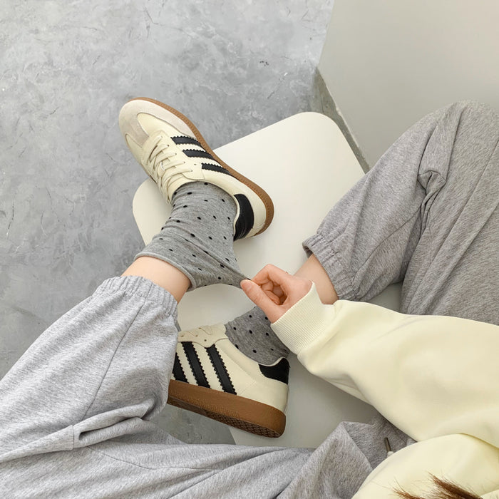 Wholesale Sweat absorbing and breathable socks with polka dot rolled edges, mid tube socks, stacked socks