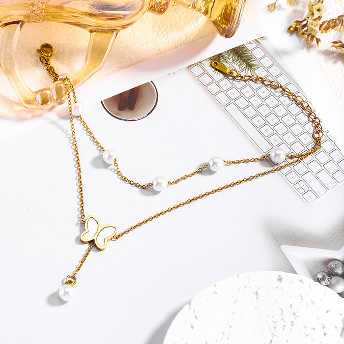 Wholesale Double-layer pearl butterfly pendant anklet