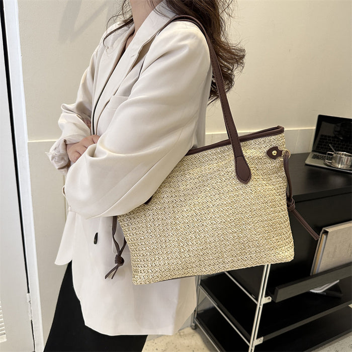 Wholesale Straw woven large capacity tote bag, simple woven bag, shoulder bag