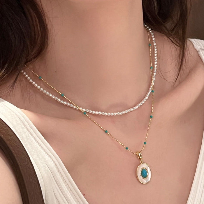 Wholesale Turquoise pearl necklace, layered women's accessory, collarbone chain, light luxury niche pendant, neckchain accessory