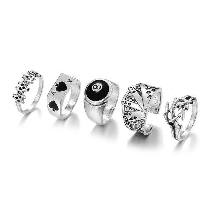 Wholesale Dark Retro Creative Spades a Card Ring Five-Piece Set Women' s Personalized Hand Accessories National Show Aliexpress Hot Selling