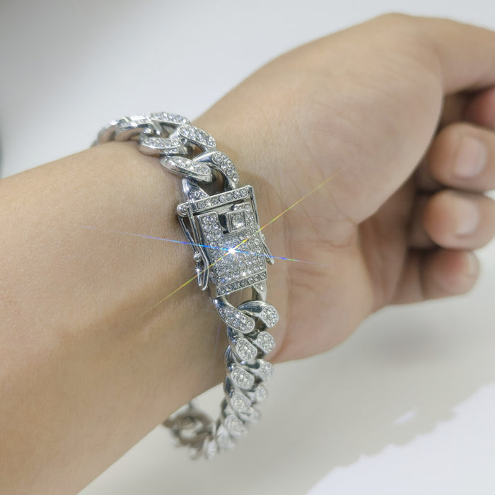 Wholesale 13mm Flat Cuban Chain Diamond Alloy Bracelet JDC-BT-XinMingcan001